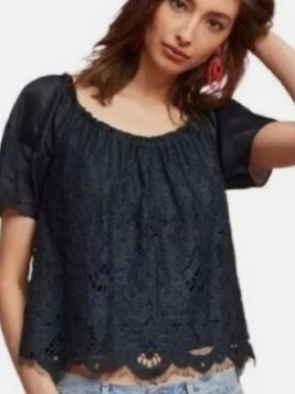 Anthropologie Moulinette Soeurs Top Medium Blue Messina Lace Puff Sleeved Blouse